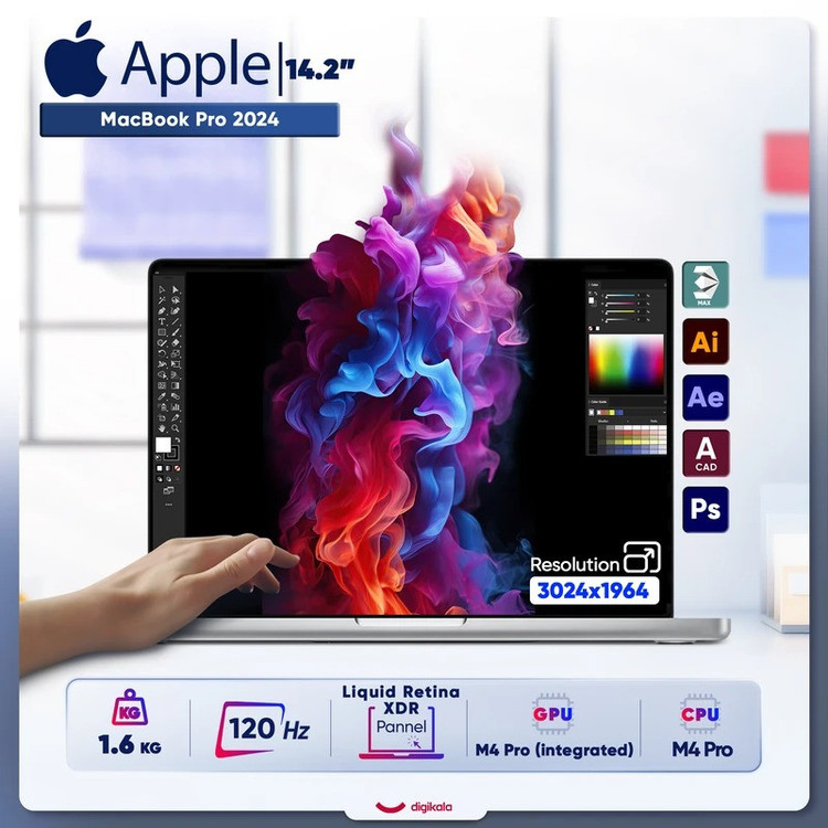 لپ تاپ 14.2 اینچی اپل مدل MacBook Pro MX2H3 2024 LLA-M4 Pro-24GB RAM-512GB SSD-Retina 120Hz