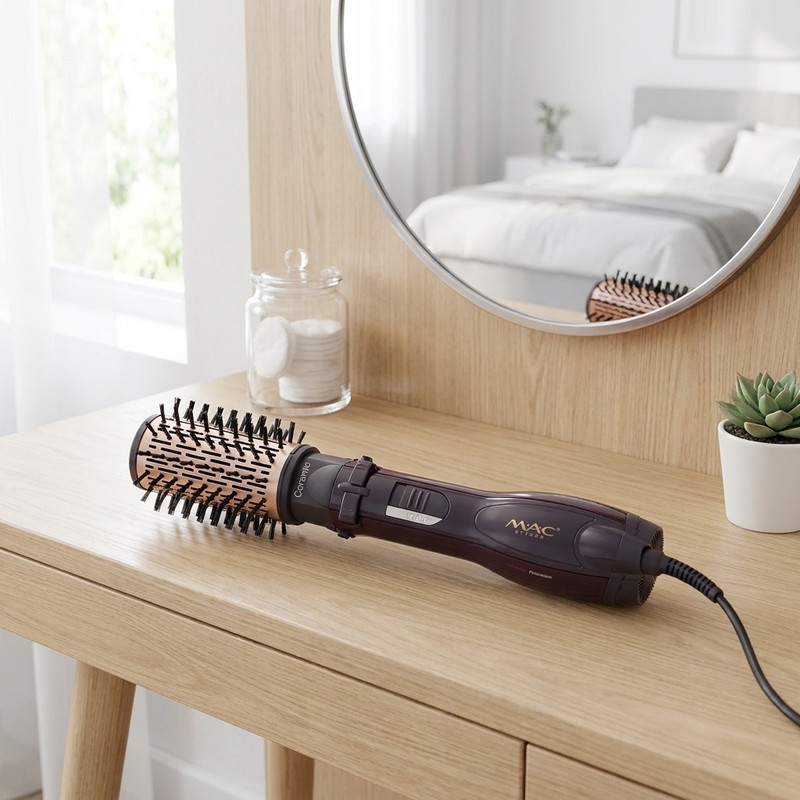 سشوار برسدار چرخشی 1200 وات مک استایلر مدل MC-6651، موتور AC، وزن 400 گرم، المنت سرامیک، دارای سری دیسپانسر با ویژگی فرکنندگی، با قابلیت باد سرد، فناوری تولید یون