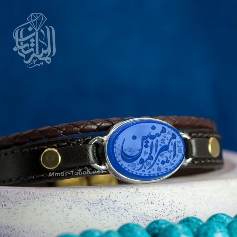 دستبند چرم مردانه عقیق آبی کد 2841