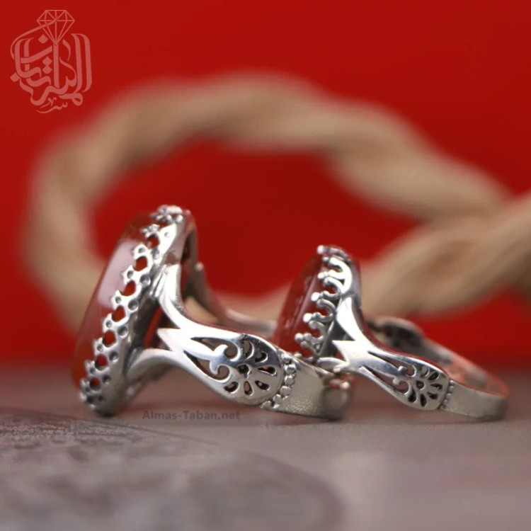 ست انگشترهای زنانه و مردانه عقیق سرخ منقش به اذکار شریف یا علی و یا زهرا کد2560