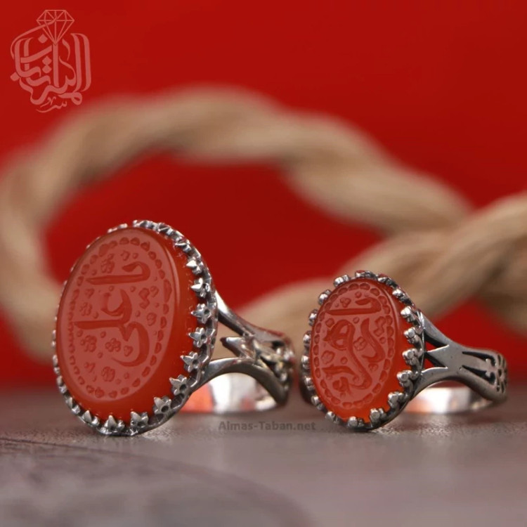 ست انگشترهای زنانه و مردانه عقیق سرخ منقش به اذکار شریف یا علی و یا زهرا کد2560