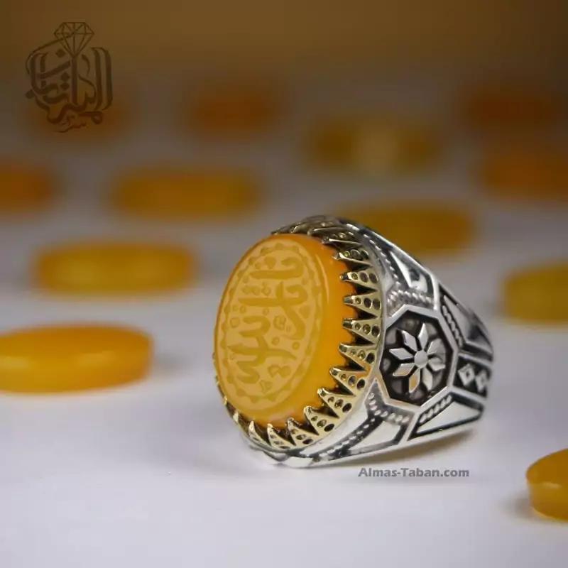 انگشتر نقره مردانه با نگین عقیق زرد منقش به ذکر شریف یا ثارالله کد 2383