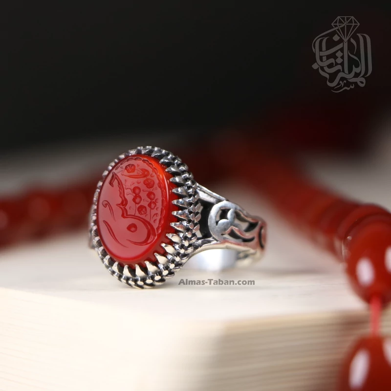 انگشتر نقره مردانه عقیق سرخ عالی منقش به ذکر شریف یا حسین کد2404