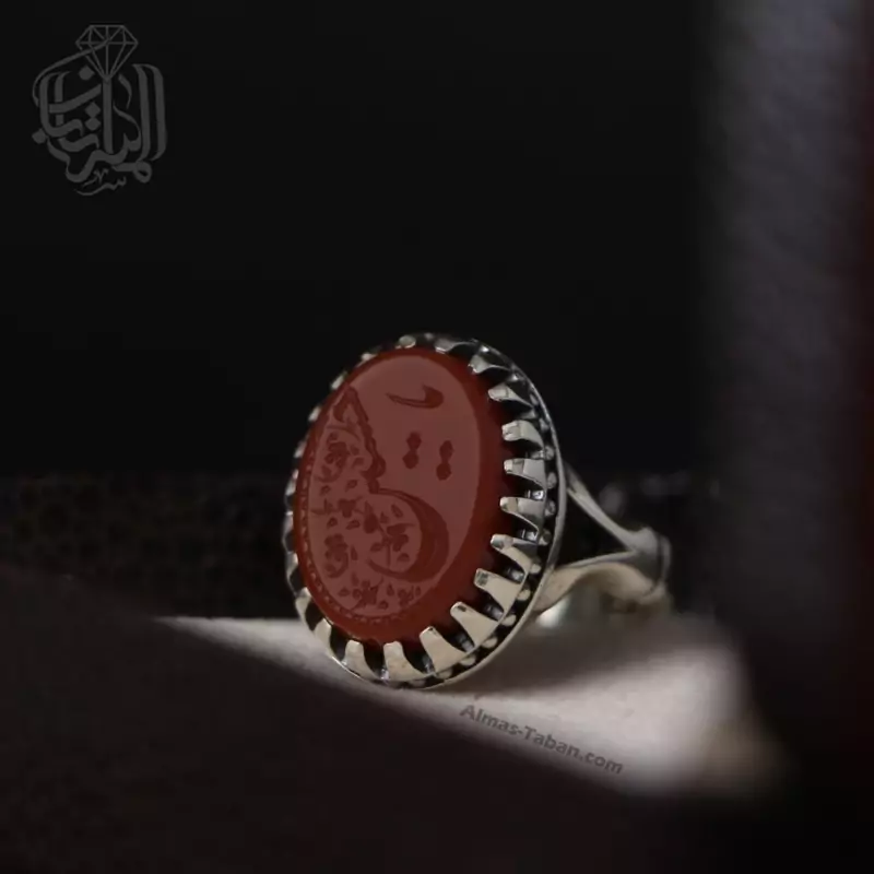 انگشتر نقره مردانه عقیق سرخ منقش به ذکر شریف یا حسین
