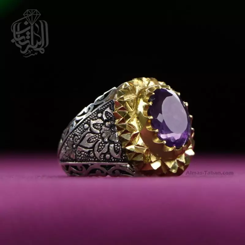 انگشتر نقره مردانه با سنگ جواهری آماتیست معدنی اصل