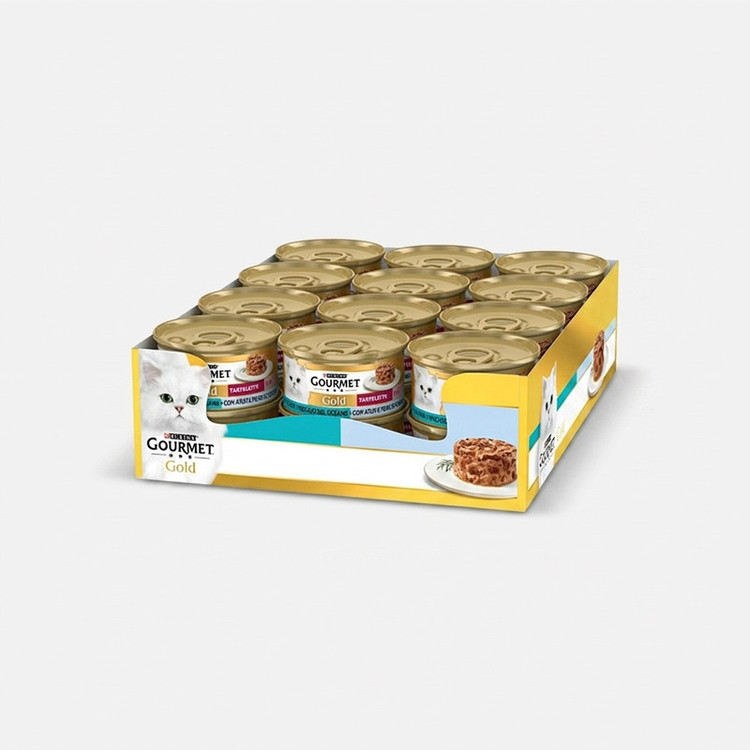 کنسرو غذای گربه بالغ گورمت مدل Gold Tartelette Duo بافت لایهای با طعم ماهی تن و ماهی اقیانوسی وزن 85 گرم بسته 24 عددی