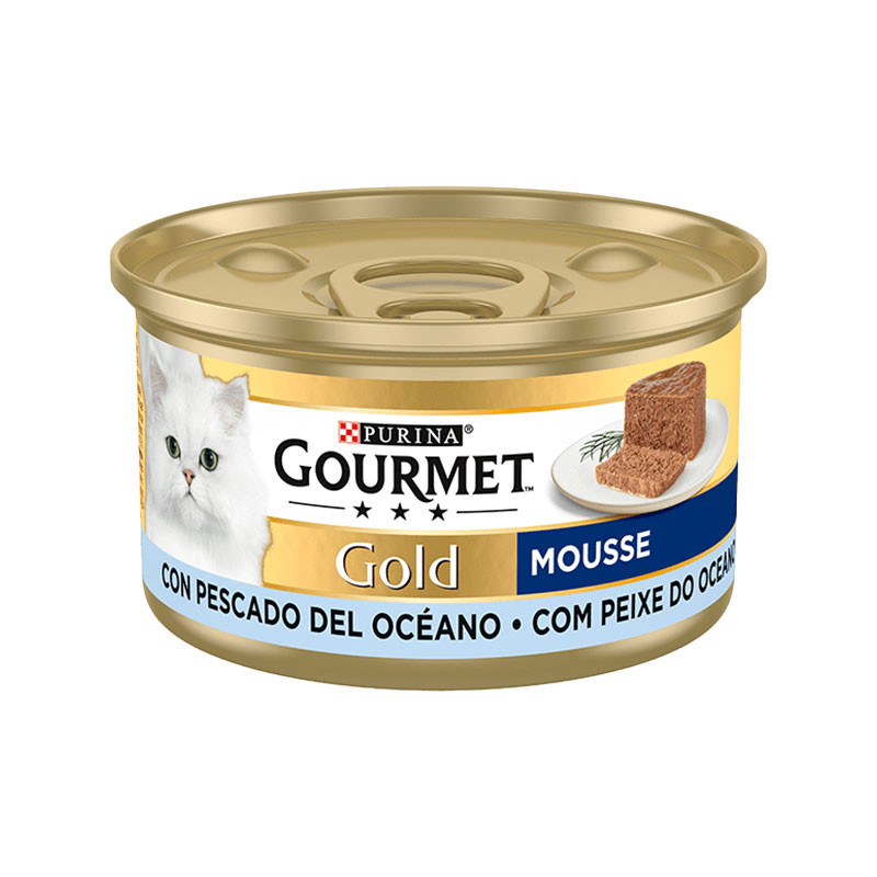 کنسرو غذای گربه بالغ گورمت مدل Gold Mousse بافت موس با طعم ماهی اقیانوسی وزن 85 گرم