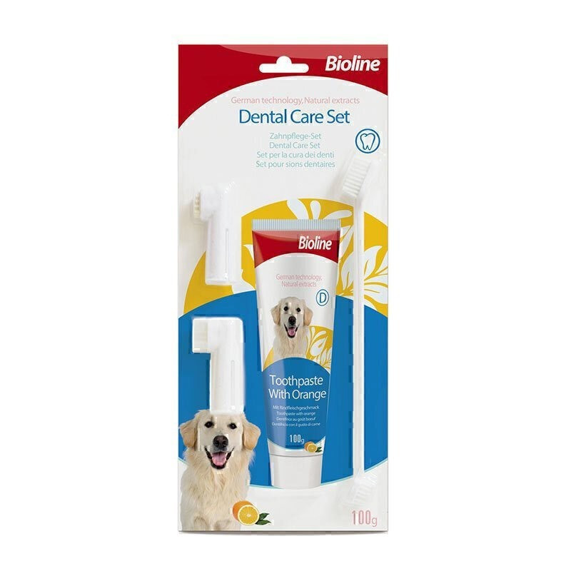 ست مسواک و خمیر دندان سگ بایولاین مدل Dental Oral Care Orange وزن 100 گرم