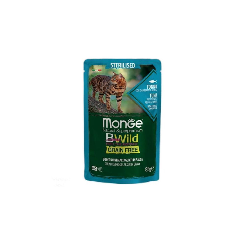 پوچ گربه بالغ مونژه مدل BWILD Sterilised Shrimps and Vegetables طعم ماهی تن و میگو وزن 85 گرم