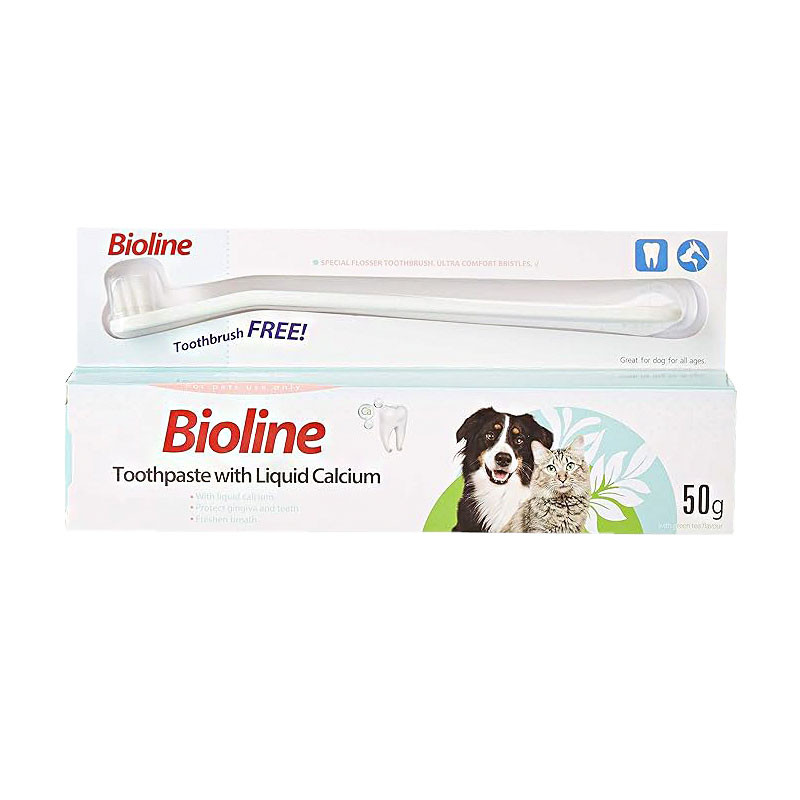 ست مسواک و خمیر دندان سگ بایولاین مدل Calcium وزن 50 گرم