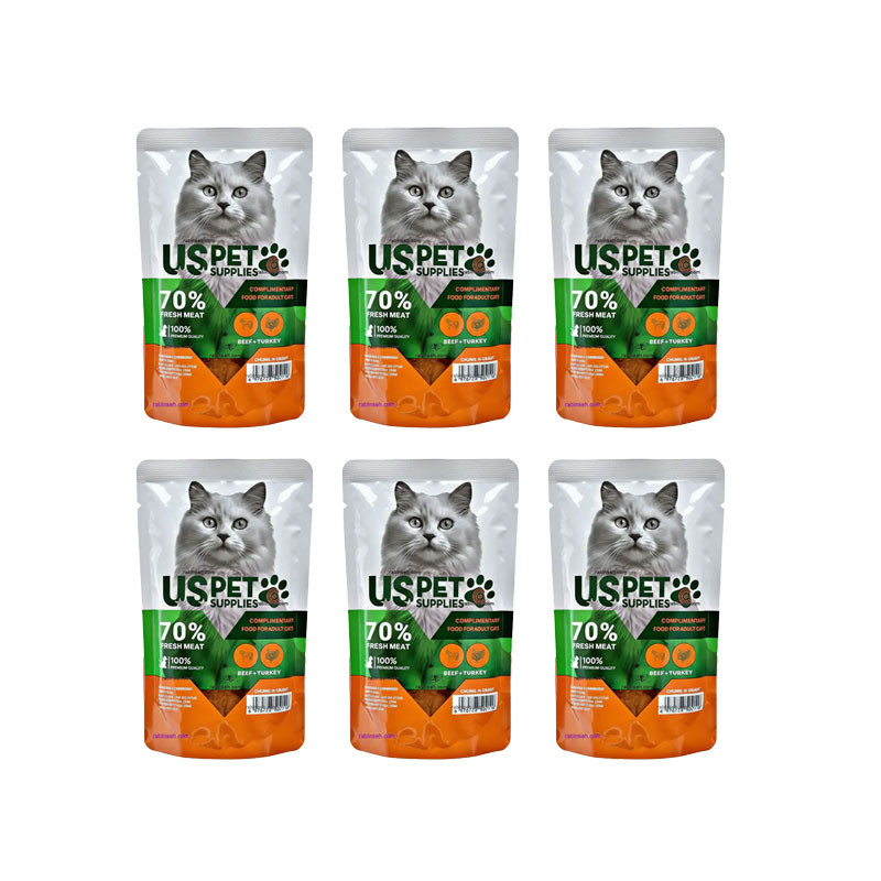 پوچ گربه بالغ یو اس پت مدل Fresh Meat Pack با طعم گوشت گاو، بوقلمون وزن 100 گرم بسته 6 عددی