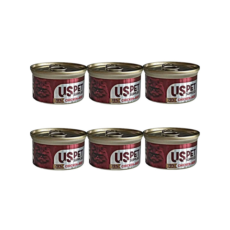 کنسرو غذای گربه بالغ یو اس پت مدل Slice Meat Pack طعم مرغ و گوشت گاو وزن 85 گرم بسته 6 عددی