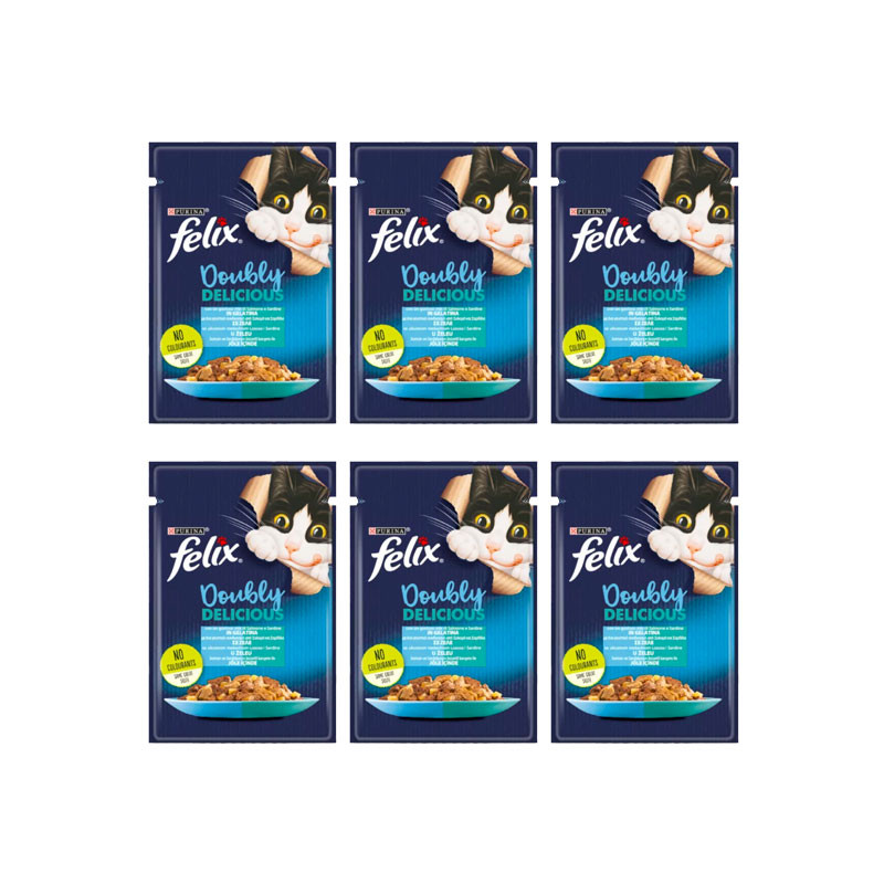 پوچ گربه فلیکس مدل Doubly Delicious با طعم ماهی سالمون و ساردین بسته 6 عددی