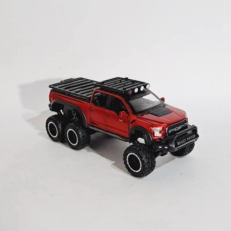 اسباب بازی ماشین فلزی فورد رپتور کمپینگ 6دربازشو با موتور F150 چراغدار موزیکال مقیاس 1به24 قرمز