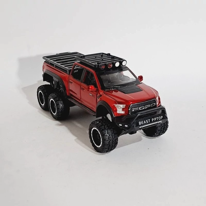اسباب بازی ماشین فلزی فورد رپتور کمپینگ 6دربازشو با موتور F150 چراغدار موزیکال مقیاس 1به24 قرمز