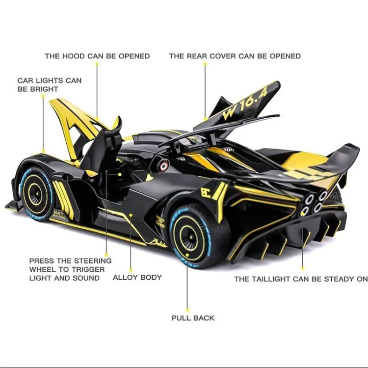 اسباب بازی ماشین فلزی بوگاتی بولید دودزا شارژی ماکت ماشین فلزی Bugatti Bolide زرد
