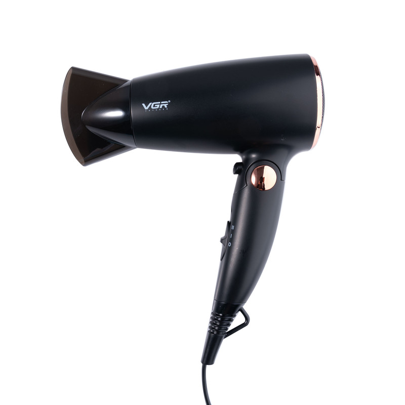 سشوار مسافرتی 1600 وات وی جی ار مدل V-439، موتور DC، وزن 300 گرم، المنت فلز، دارای سری متمرکزکننده باریک با ویژگی حجمدهندگی، با قابلیت باد سرد