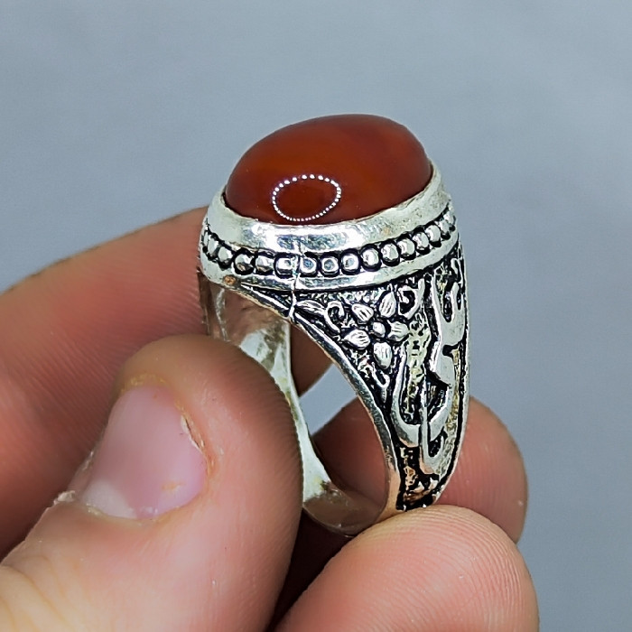 انگشتر نقره مردانه مدل سنگ عقیق رضوی رکاب یاعلی کد 640