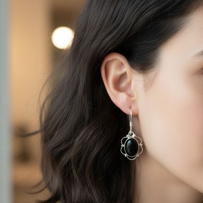 گوشواره دست ساز نقره اصل عیار 925 عقیق مشکی