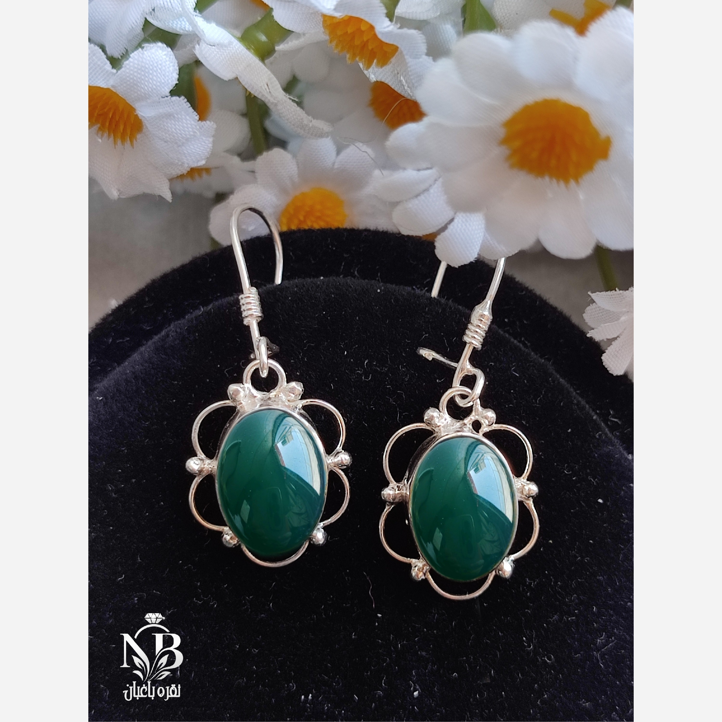 گوشواره دست ساز نقره اصل عیار 925 عقیق سبز
