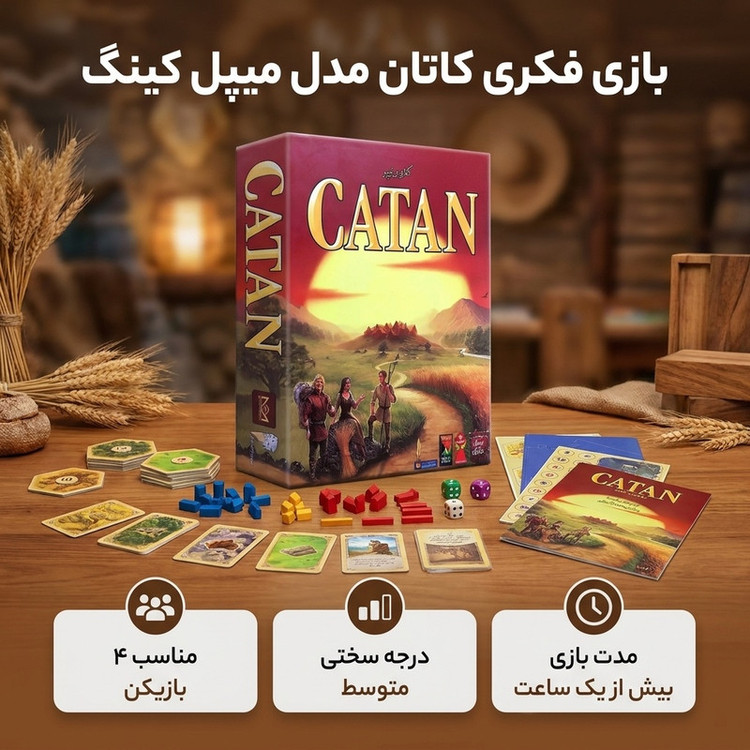 بازی فکری تختهای کاتان مدل میپل کینگ مناسب 4 بازیکن، درجه سختی متوسط، شامل ساخت جاده، خانه و شهر، مبادله منابع، مدت بازی بیش از یک ساعت، مناسب نوجوان و بزرگسال، جنس کارتها مقوا و کاغذ