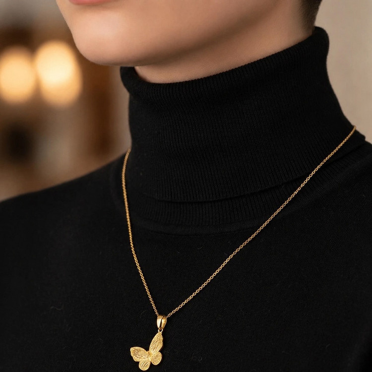 آویز گردنبند طلا 18 عیار کم اجرت زنانه طلای علیمحمدی طرح پروانه کد YTR901