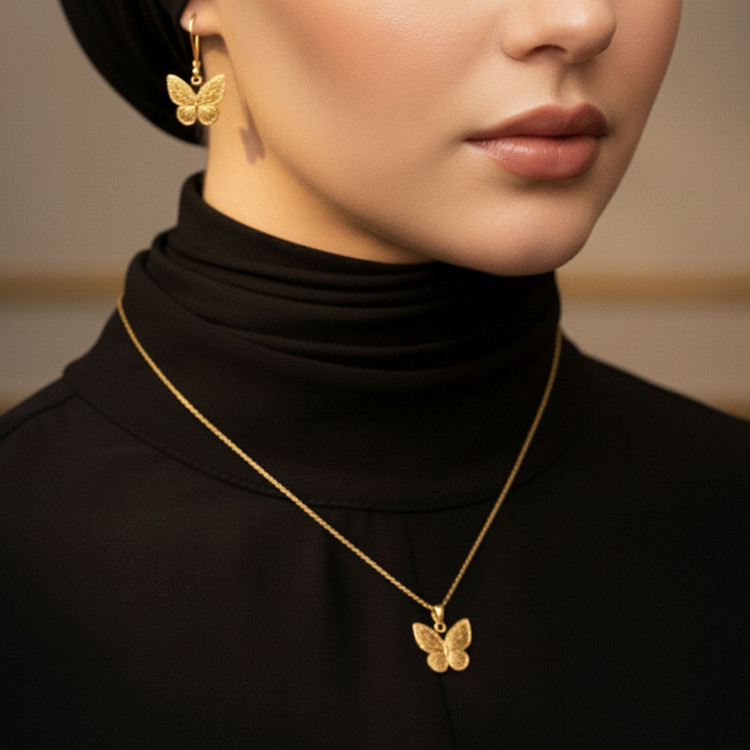 نیم ست طلا 18 عیار زنانه طلای علیمحمدی مدل پروانه ای کد 001