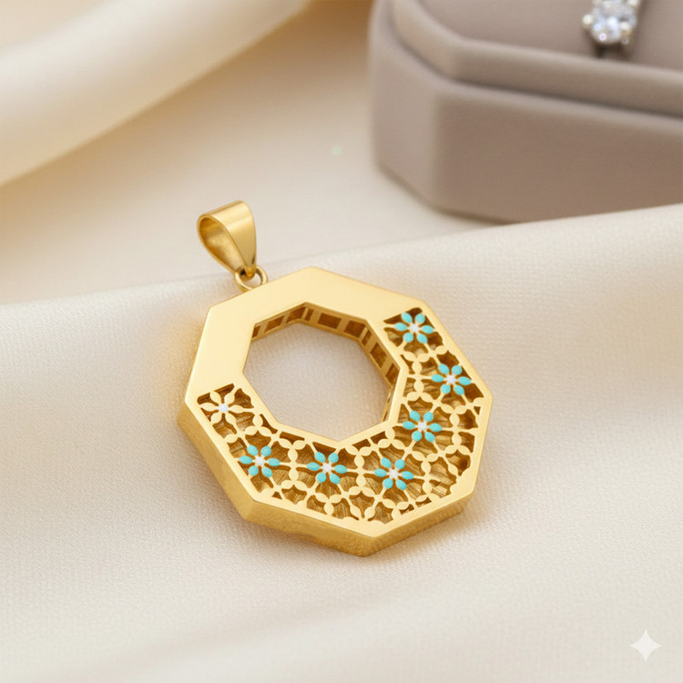 آویز گردنبند طلا 18 عیار زنانه طلای علیمحمدی طرح گلبرگ فیروزه ای