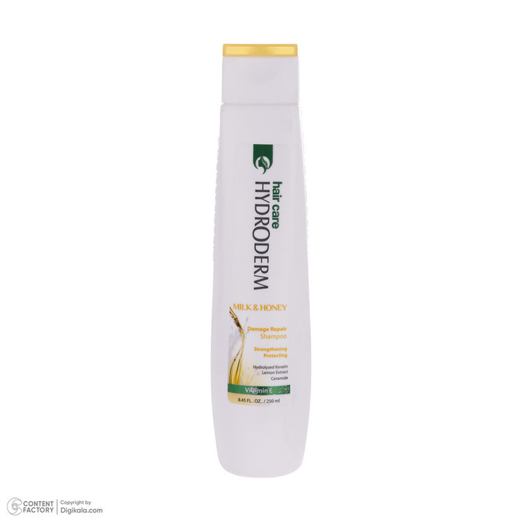 شامپو مو هیدرودرم مدل Milk and Honey حجم 250 میلیلیتر، تقویتکننده، ترمیمکننده، براق کننده، مناسب موهای آسیب دیده، حاو...