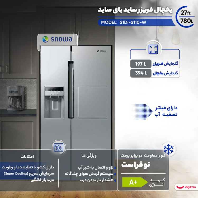یخچال فریزر ساید بای ساید 27 فوت اسنوا مدل S1Di-S110