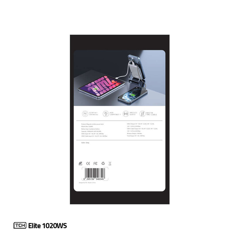 پاوربانک بیسیم 22.5 وات تی سی اچ مدل Elite 1020WS ظرفیت 10000 میلیآمپرساعت
