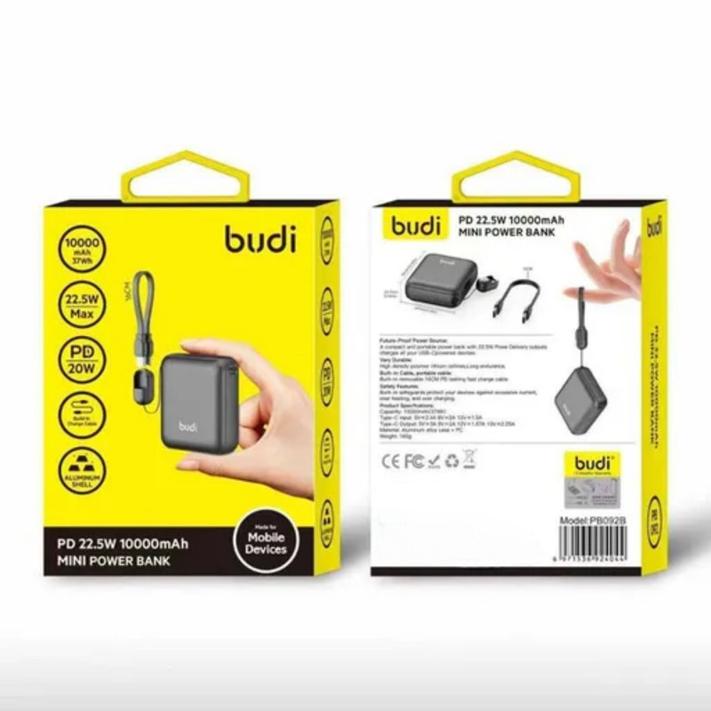 پاوربانک 22.5 وات بودی مدل PB092B ظرفیت 10000 میلیآمپرساعت به همراه کابل تبدیل USB-C