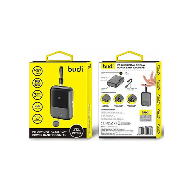 پاوربانک 20 وات بودی مدل PB086B ظرفیت 10000 میلی آمپرساعت به همراه کابل USB-C