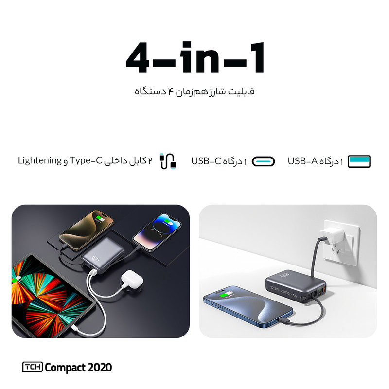 پاوربانک 22.5 وات تی سی اچ مدل Compact 2020 ظرفیت 20000 میلیآمپرساعت به همراه 2 عدد کابل USB-C لایتنینگ