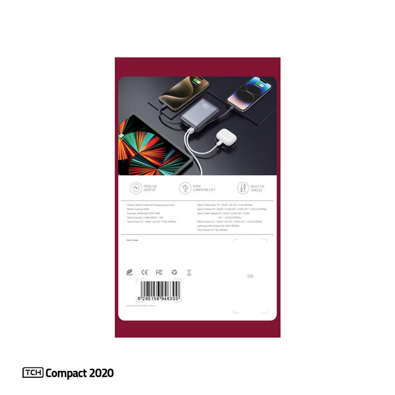 پاوربانک 22.5 وات تی سی اچ مدل Compact 2020 ظرفیت 20000 میلیآمپرساعت به همراه 2 عدد کابل USB-C لایتنینگ
