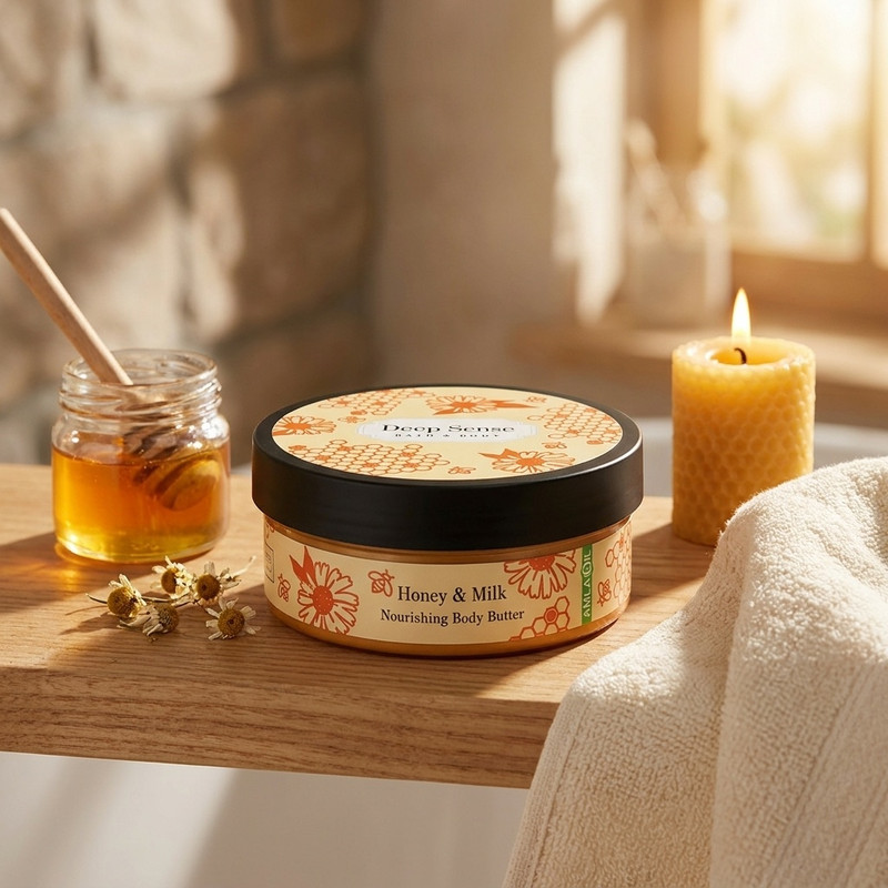 کره بدن دیپ سنس مدل Honey حجم 200 میلیلیتر مغذی و آبرسان قوی با کره شی، روغن نارگیل و آملا، ضد خشکی و نرمکننده پوست ب...