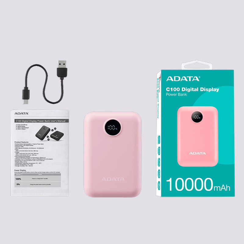 پاوربانک 20 وات ای دیتا مدل C100 Digital Display ظرفیت 10000 میلیآمپرساعت