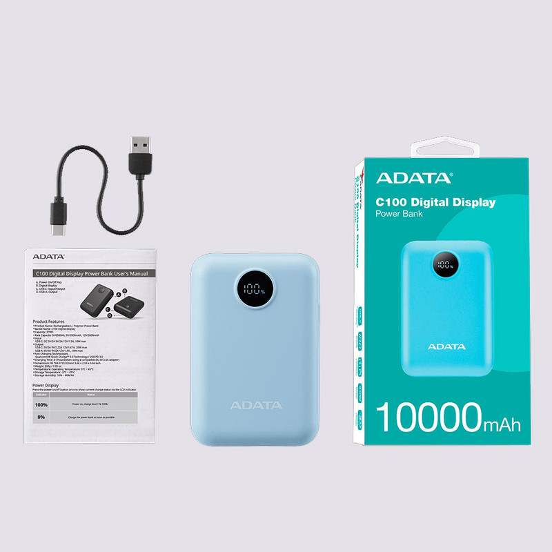 پاوربانک 20 وات ای دیتا مدل C100 Digital Display ظرفیت 10000 میلیآمپرساعت
