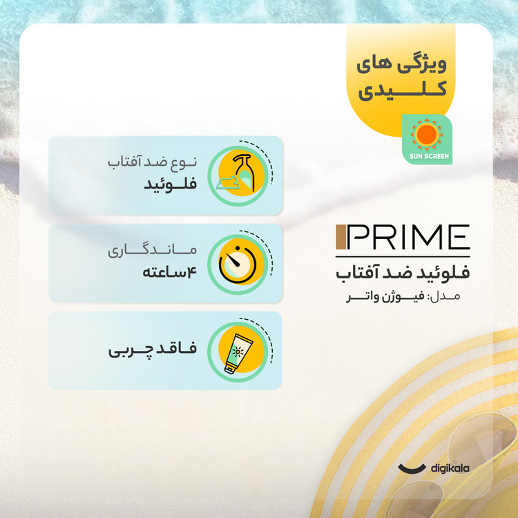 فلوئید ضد آفتاب رنگی پرایم، SPF 50، مدل فیوژن واتر، مناسب انواع پوست با تنالیته متوسط و حجم 40 میلی لیتر، محافظتکنند...
