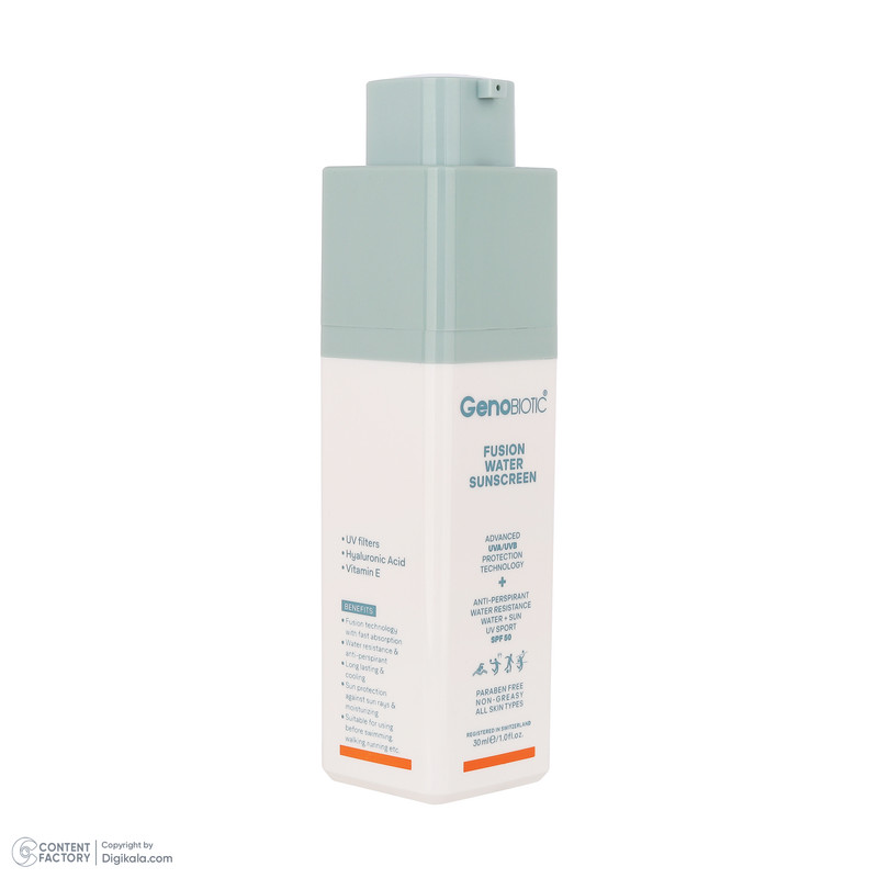 کرم ضدآفتاب بیرنگ ژنوبایوتیک، مدل Fusion water، حاوی محافظ UVA ،UVB، ضدآب، فاقد چربی، بدون پارابن، حاوی ویتامین E و ه...