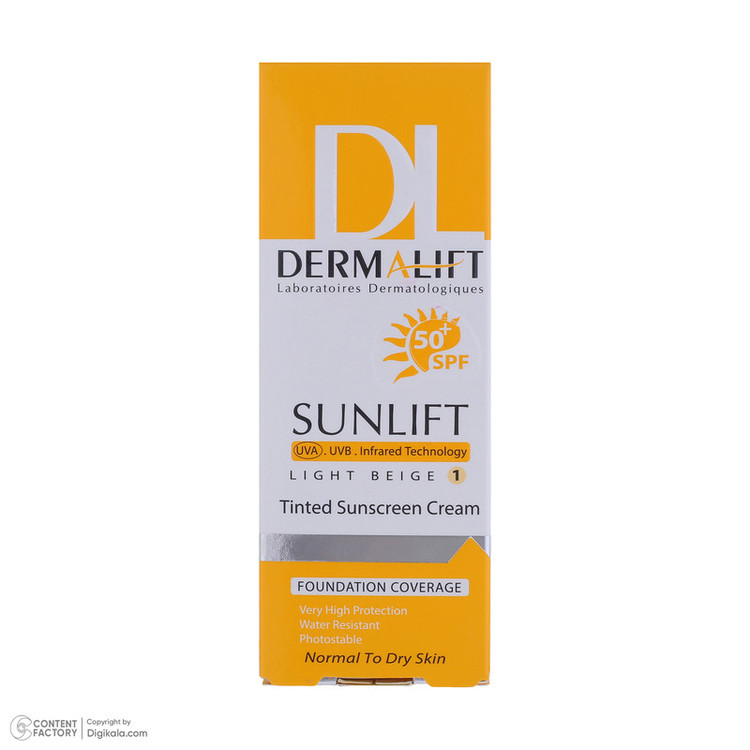 کرم ضد آفتاب رنگی درمالیفت، SPF50، مدل سانلیفت، مناسب پوست خشک و معمولی تنالیته رنگ روشن و حجم 40 میلیلیتر، محافظت کن...