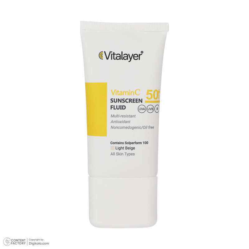 فلوئید ضدآفتاب رنگی ویتالیر، 50 SPF، مدل Vitamin C، مناسب انواع پوست تنالیته رنگ متوسط و حجم 50 میلیلیتر، ضد آب، محاف...