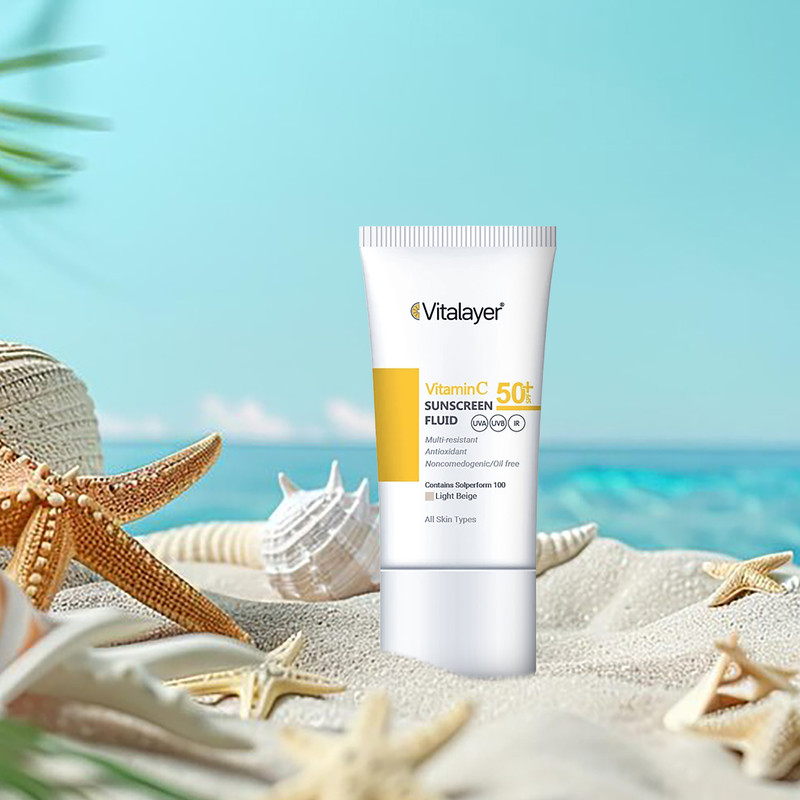 فلوئید ضدآفتاب رنگی ویتالیر، 50 SPF، مدل Vitamin C، مناسب انواع پوست تنالیته رنگ متوسط و حجم 50 میلیلیتر، ضد آب، محاف...