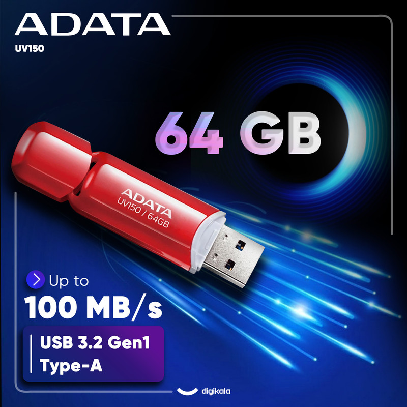 فلش مموری ای دیتا مدل UV150 ظرفیت 64 گیگابایت، رابط USB 3.2 Gen1، سرعت خواندن 90 مگابایت بر ثانیه، طراحی درپوشدار، سا...