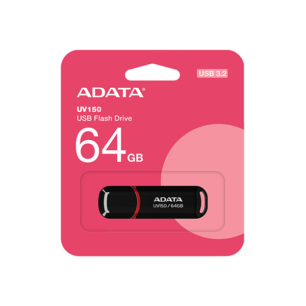فلش مموری ای دیتا مدل UV150 ظرفیت 64 گیگابایت، رابط USB 3.2 Gen1، سرعت خواندن 90 مگابایت بر ثانیه، طراحی درپوشدار، سا...