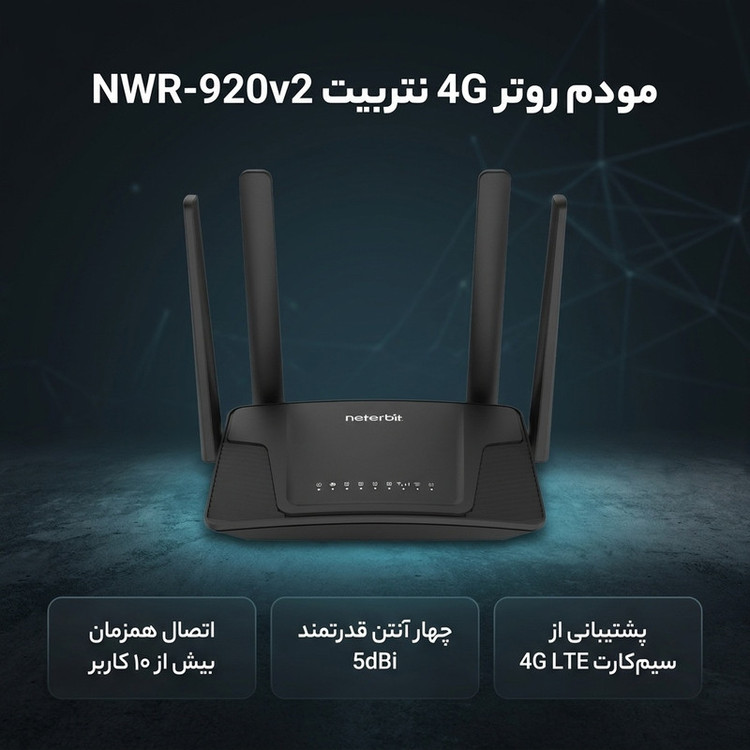 مودم روتر 4G خانگی نتربیت مدل NWR-M920v2 با پشتیبانی سیمکارت LTE3G، استاندارد IEEE 802.11bgn، چهار آنتن 5 دسیبل، فایر...