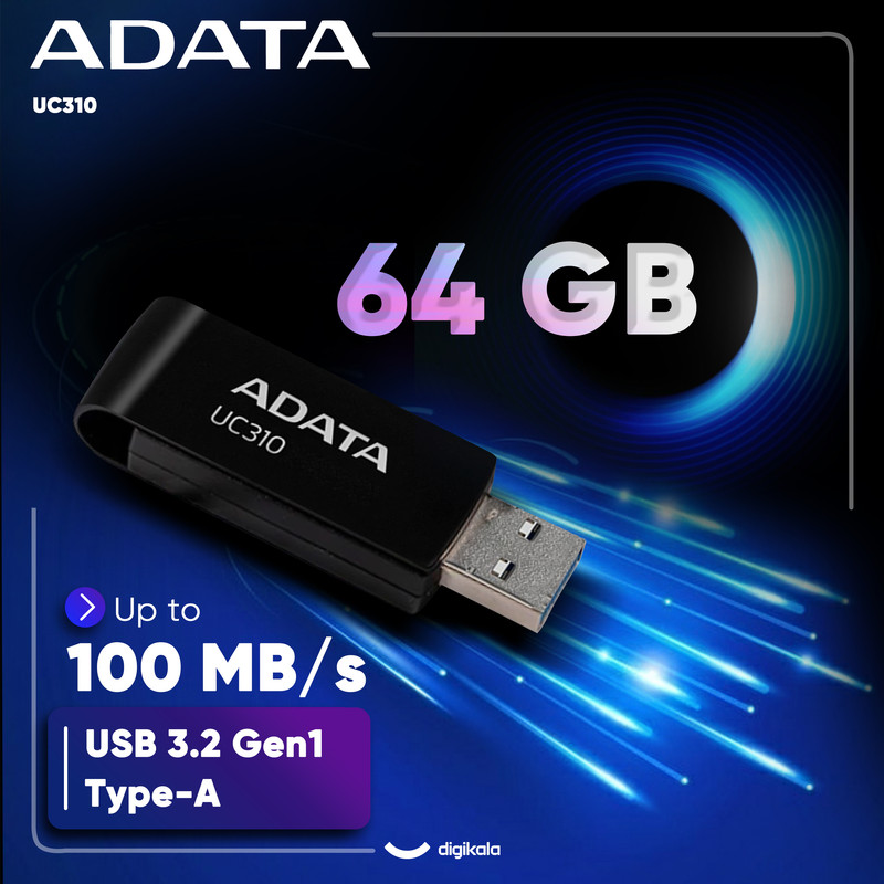 فلش مموری ای دیتا مدل UC310 ظرفیت 64 گیگابایت با رابط USB 3.2 Gen1، طراحی چرخشی، سازگار با ویندوز، مک، لینوکس، بدون ن...