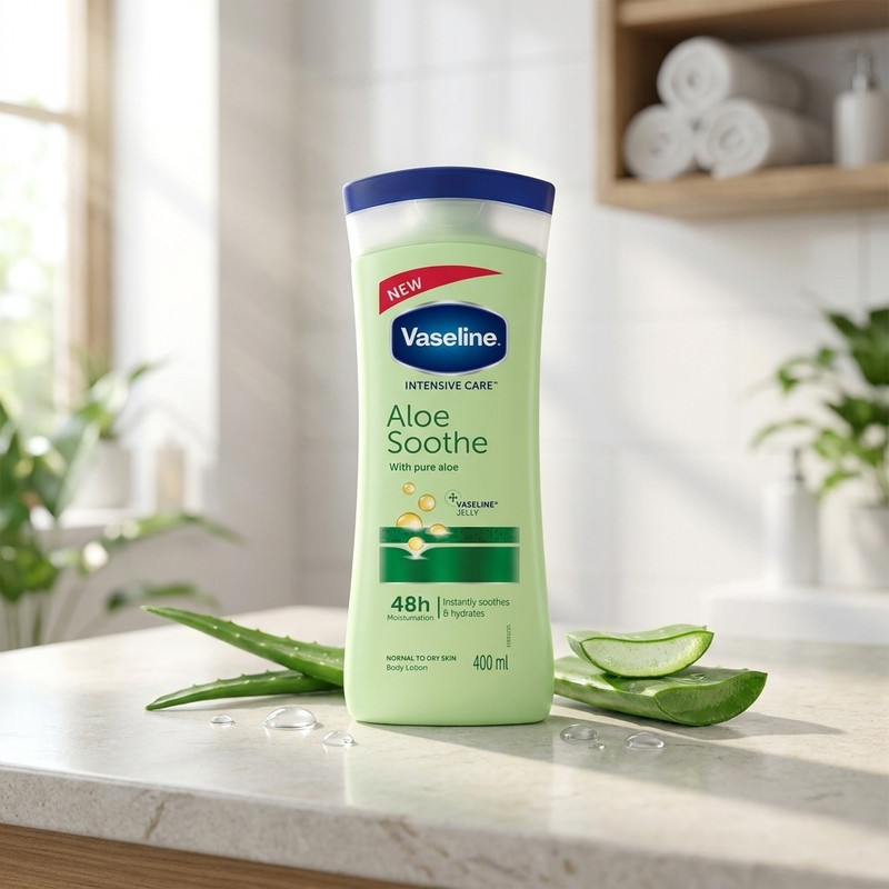 لوسیون بدن وازلین مدل Aloe Soothe حجم 400 میلیلیتر، آبرسان قوی، حاوی عصاره آلوئه ورا و ویتامین E، فاقد چربی، جذب سریع...
