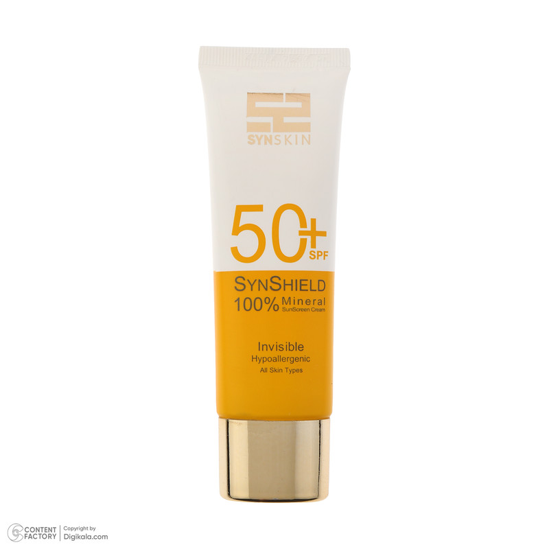 کرم ضد آفتاب بدون رنگ ساین اسکین SPF 50 مدل SYN Shield Mineral محافظ UVA ،UVB، ضد حساسیت، مناسب انواع پوست حجم 50 میل...