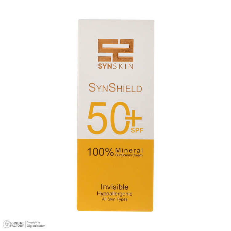 کرم ضد آفتاب بدون رنگ ساین اسکین SPF 50 مدل SYN Shield Mineral محافظ UVA ،UVB، ضد حساسیت، مناسب انواع پوست حجم 50 میل...
